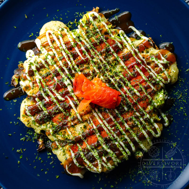 Okonomiyaki - Pacific Northwest Variation (with smoked salmon and pickled chanterelles)